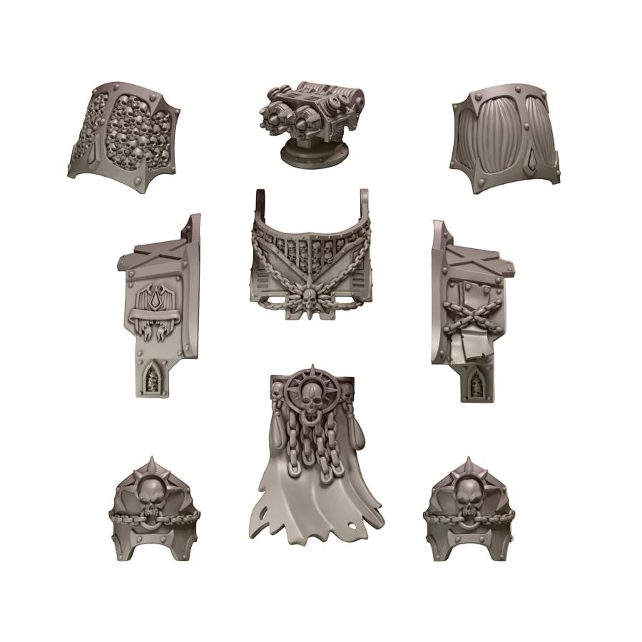 CT Miniatures UK Crimson Lords upgrade pack for Dreadnoughts, featuring skull motifs, chains, and gothic armor plates.