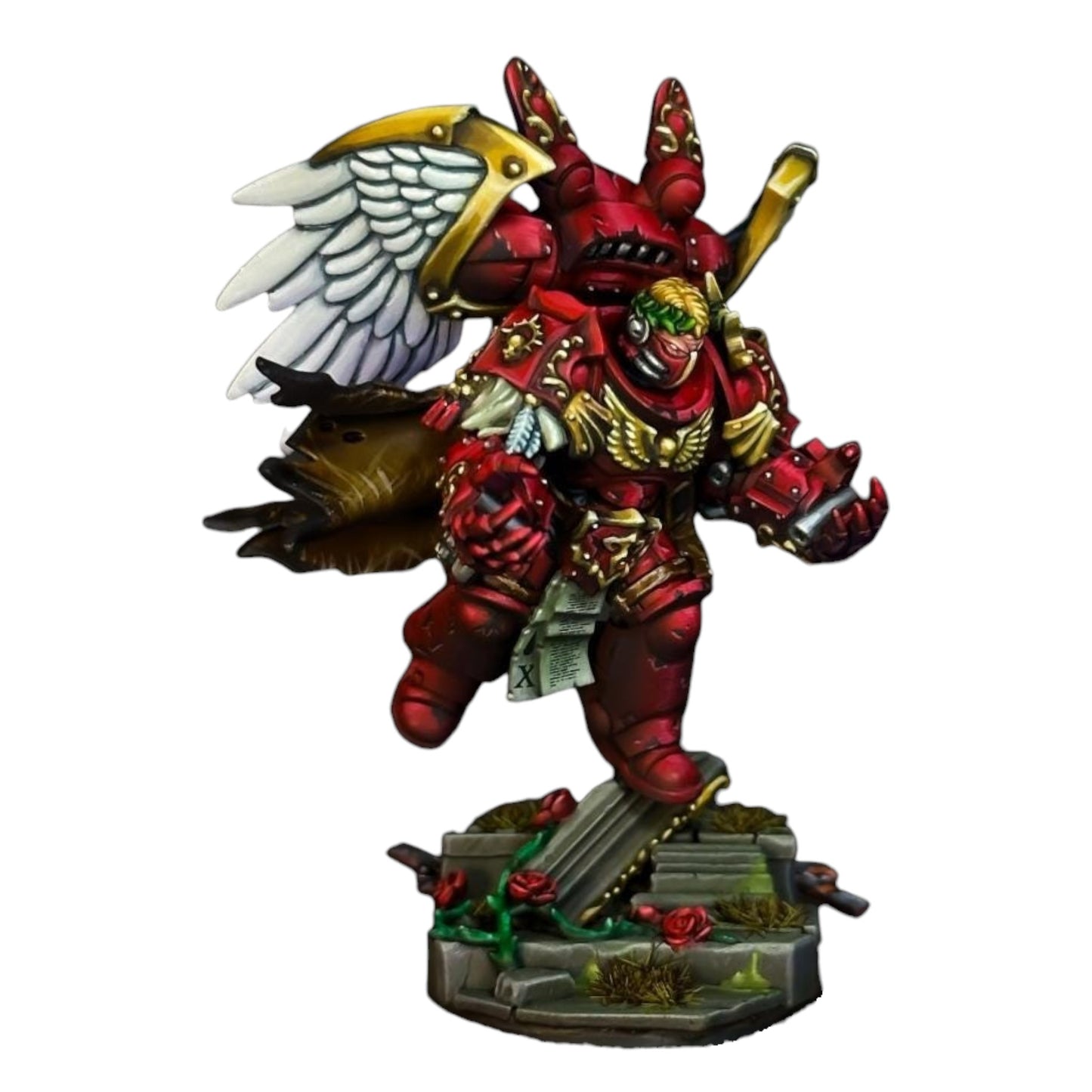 CT Miniatures UK Crimson Lords Hero Pack, red space marine with gold trim, wings, and ornate armour.