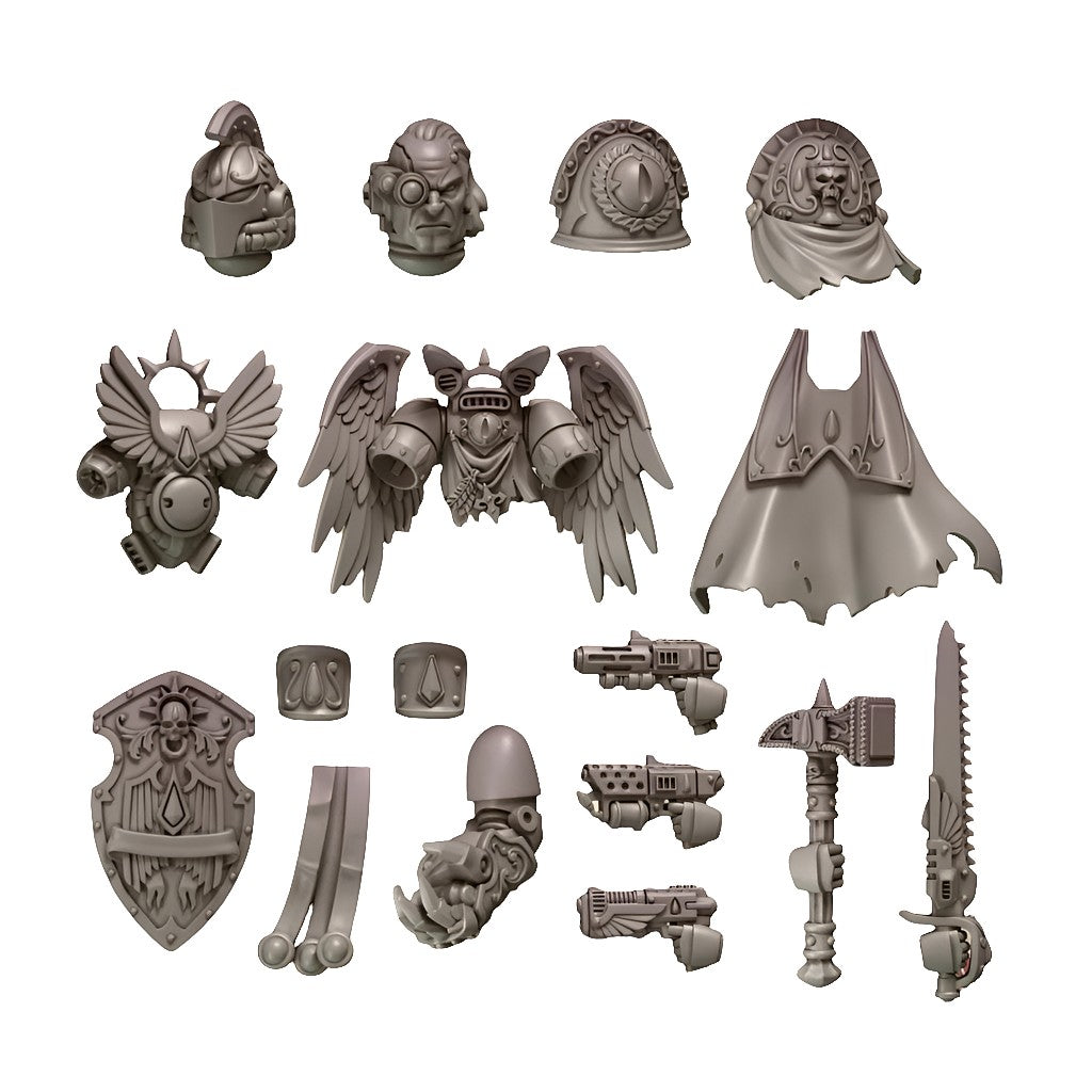 CT Miniatures UK Crimson Lords Hero Pack: resin upgrade bits including heads, pauldrons, wings, cape, shield, weapons, and arm.