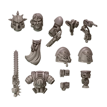 CT Miniatures UK Crimson Lords Medic Pack conversion bits: helmet, bare head, chainsword, backpack, pauldrons, medical gauntlet, and chalice.