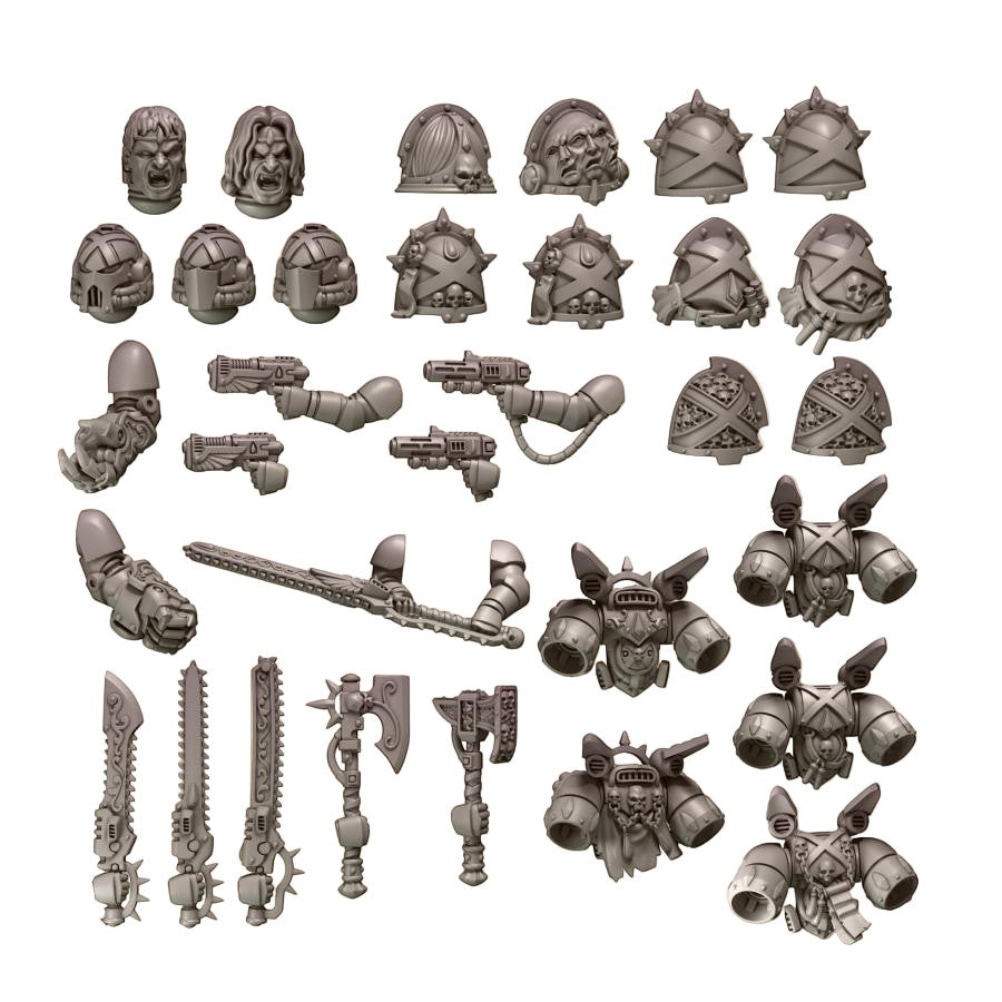 CT Miniatures UK Crimson Lords Rage Pack: resin conversion bits including heads, pauldrons, jump packs, chainswords, axes, and pistols.