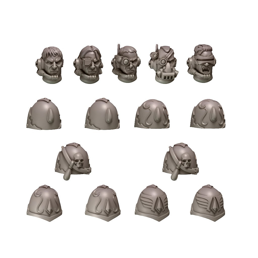 CT Miniatures UK Crimson Lords Rangers Pack: 5 scout heads with rebreathers and 10 shoulder pads with skull and flame details.