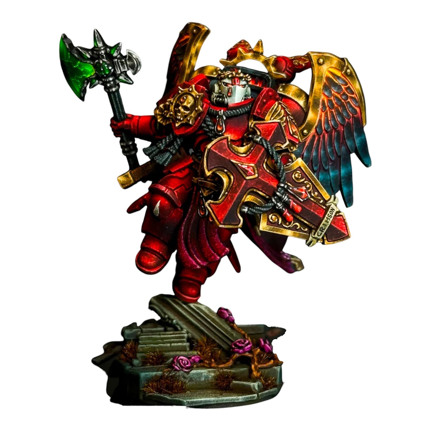 CT Miniatures UK Crimson Lords Sacred Pack, red space marine miniature with ornate gold wings, axe, and shield.