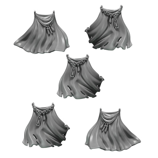 CT Miniatures UK Crimson Lords Terminator Cloaks, 5x grey resin 3D printed cloaks with chain and skull details for wargaming miniatures.