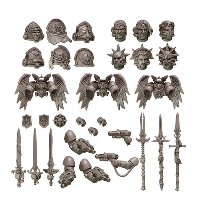 CT Miniatures UK Crimson Lords Sacred Pack: resin upgrade bits including ornate helmets, winged jump packs, swords, and pistols for 32mm miniatures.