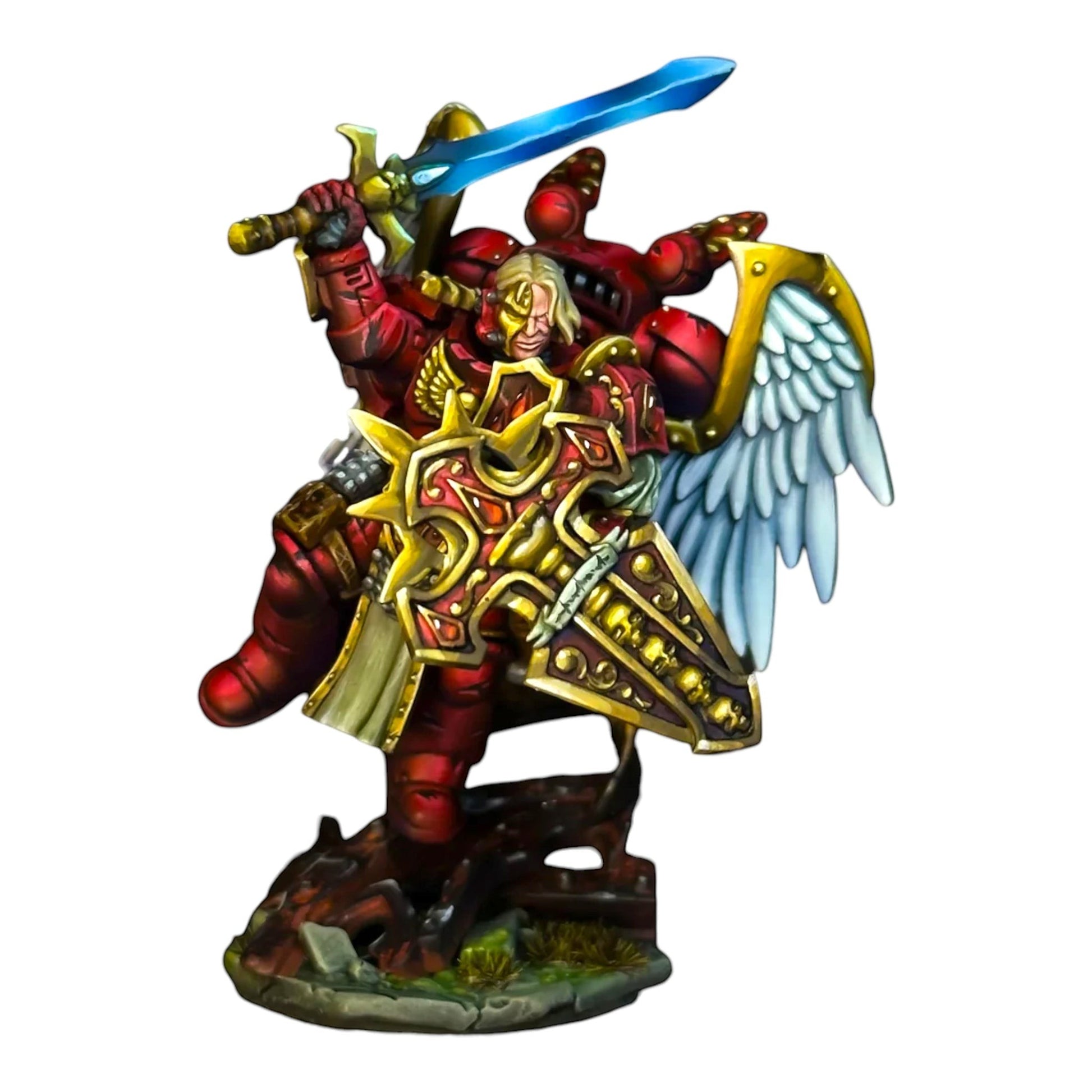 CT Miniatures UK Crimson Pack miniature with red armour, gold trim, blue sword, and white wings.