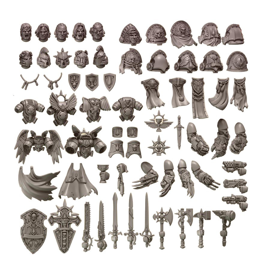CT Miniatures UK Crimson Pack upgrade components: heads, shoulder pads, weapons, shields, capes, and accessories for miniature customization.