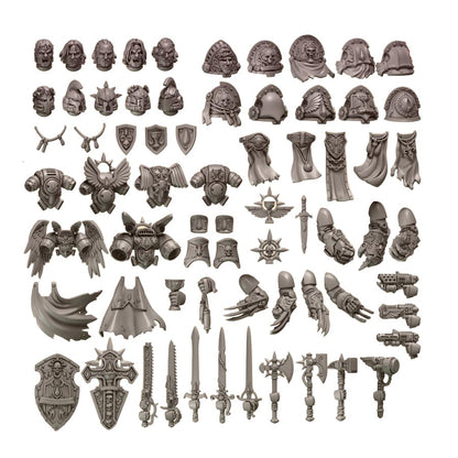 CT Miniatures UK Crimson Pack upgrade components: heads, shoulder pads, weapons, shields, capes, and accessories for miniature customization.