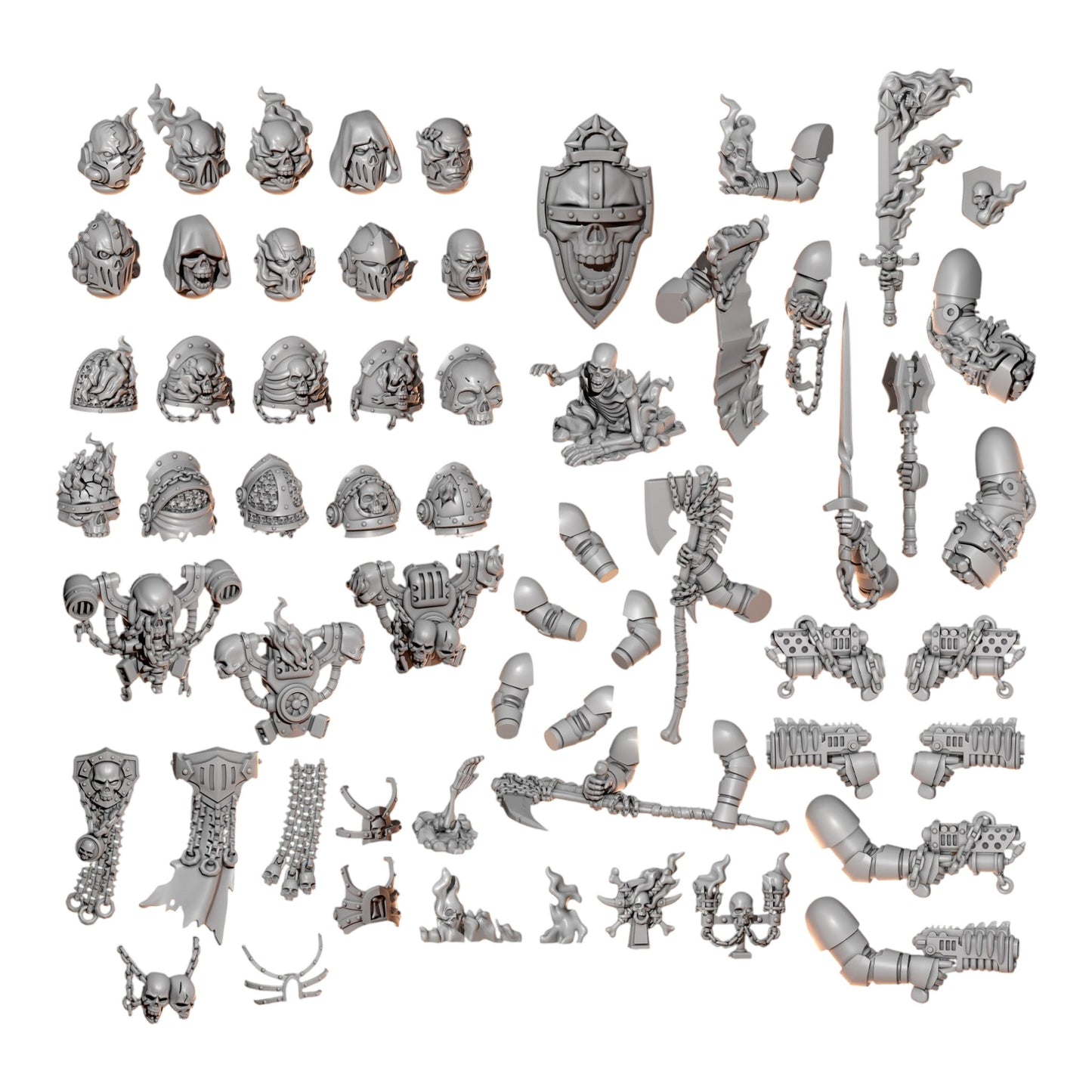 CT Miniatures UK Cursed Company resin conversion bits for 32mm sci-fi miniatures featuring flame and skull motifs.