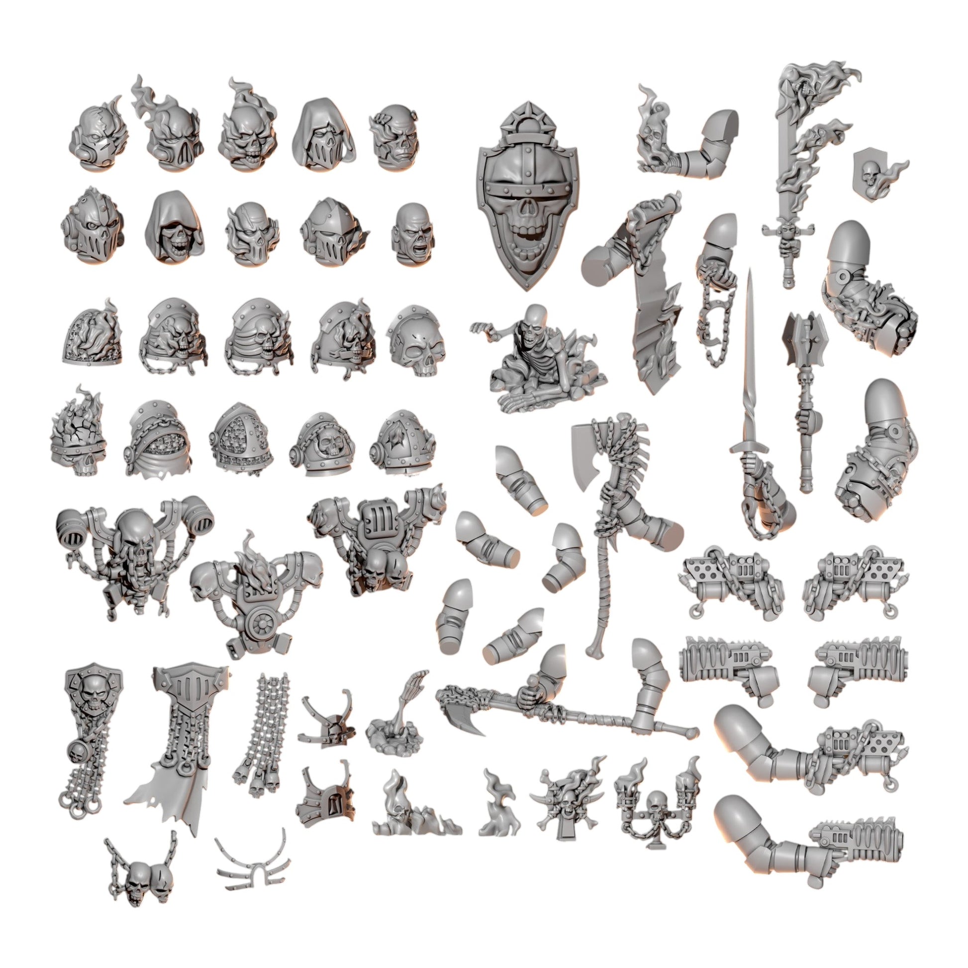 CT Miniatures UK Cursed Company resin conversion bits for 32mm sci-fi miniatures featuring flame and skull motifs.