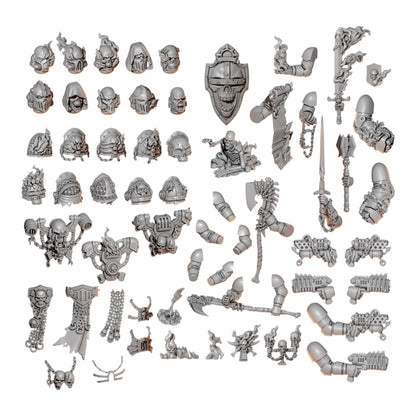 CT Miniatures UK Cursed Company resin conversion bits for 32mm sci-fi miniatures featuring flame and skull motifs.