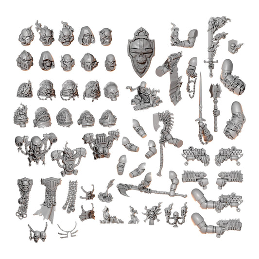 CT Miniatures UK Cursed Company resin conversion bits for 32mm sci-fi miniatures featuring flame and skull motifs.