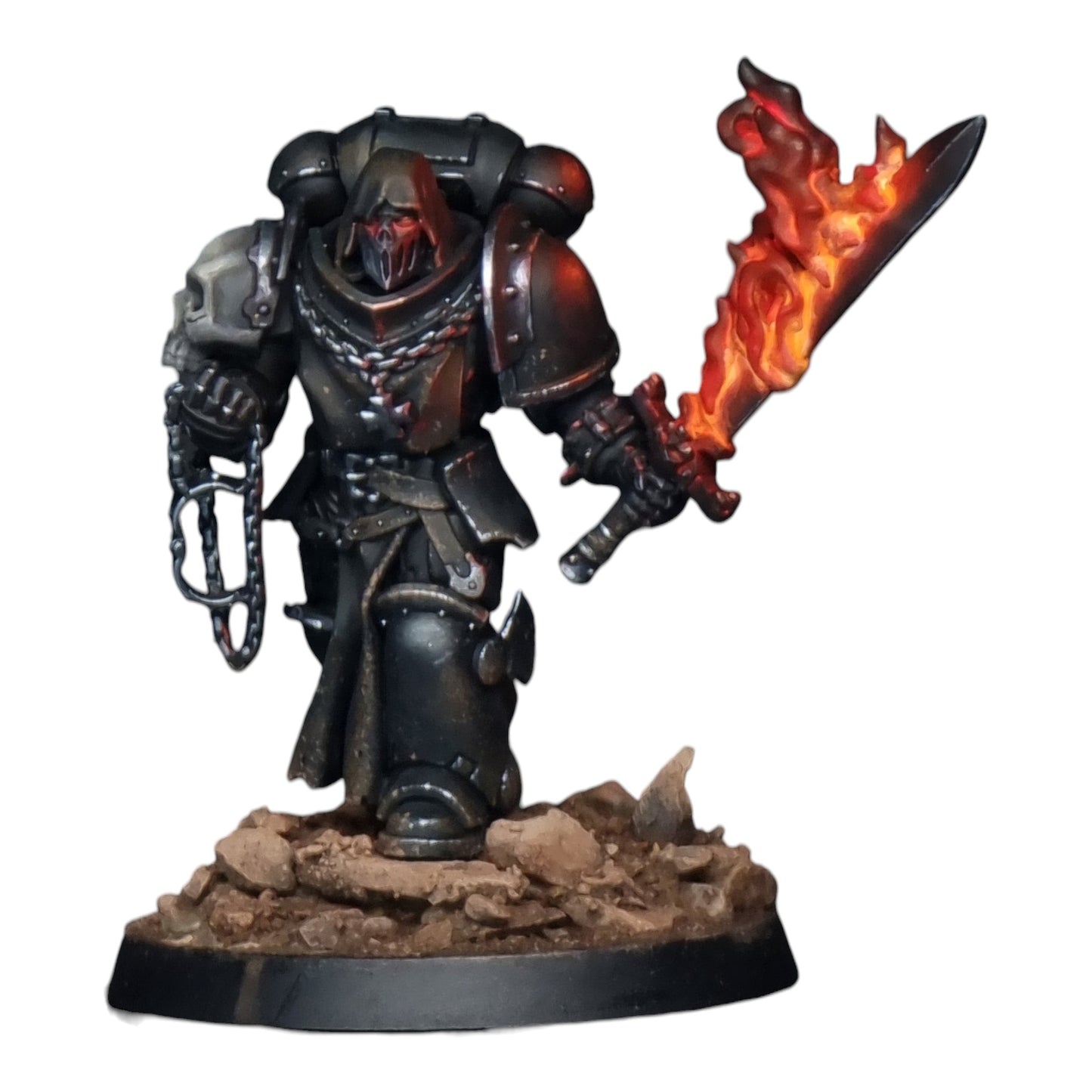 CT Miniatures UK Cursed Company conversion kit on a 32mm sci-fi knight miniature with flaming sword and skull details.