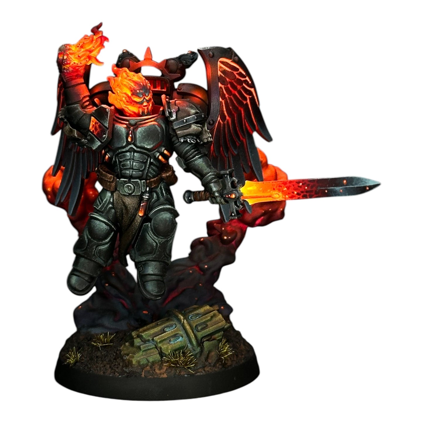 CT Miniatures UK Cursed Company conversion kit featuring a painted space knight miniature with spectral fire effects.