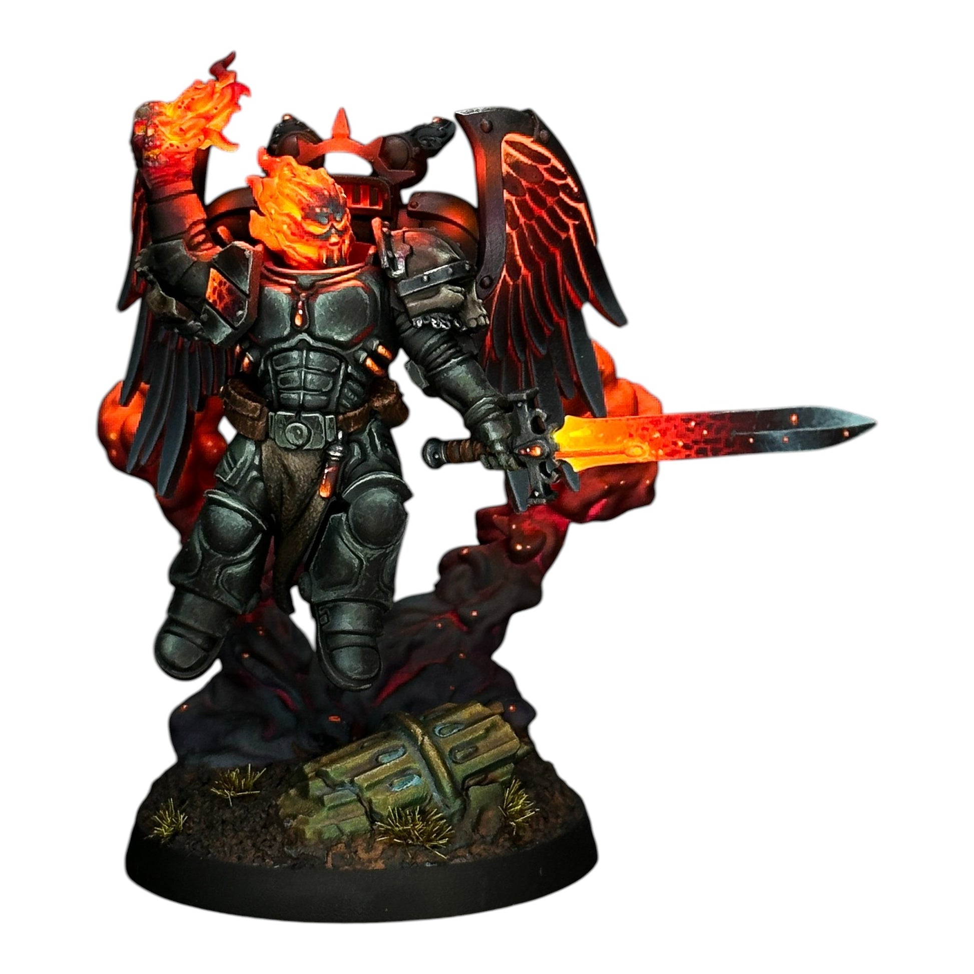 CT Miniatures UK Cursed Company conversion kit featuring a painted space knight miniature with spectral fire effects.