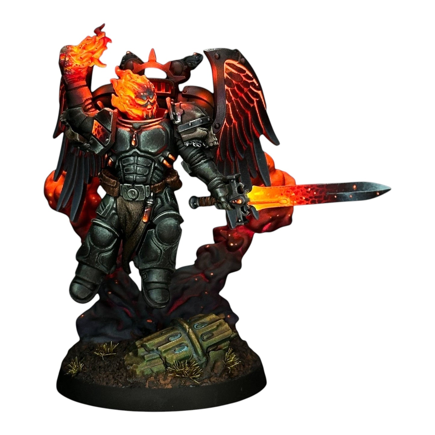 CT Miniatures UK Cursed Company Core Pack conversion bits on a painted sci-fi space knight miniature with warp fire.
