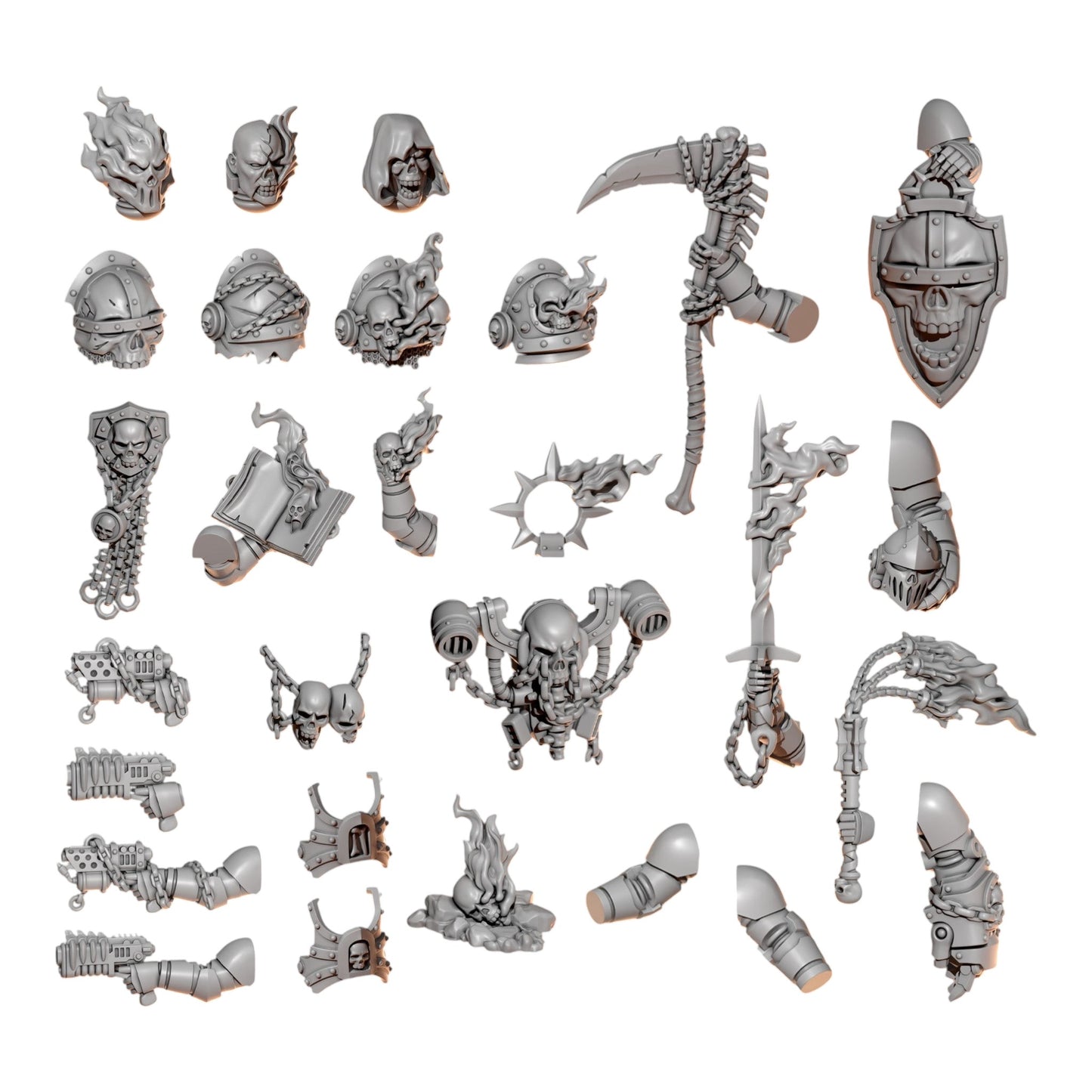 CT Miniatures UK Cursed Company Hero Pack resin conversion bits featuring spectral flame heads, pauldrons, and weapons.