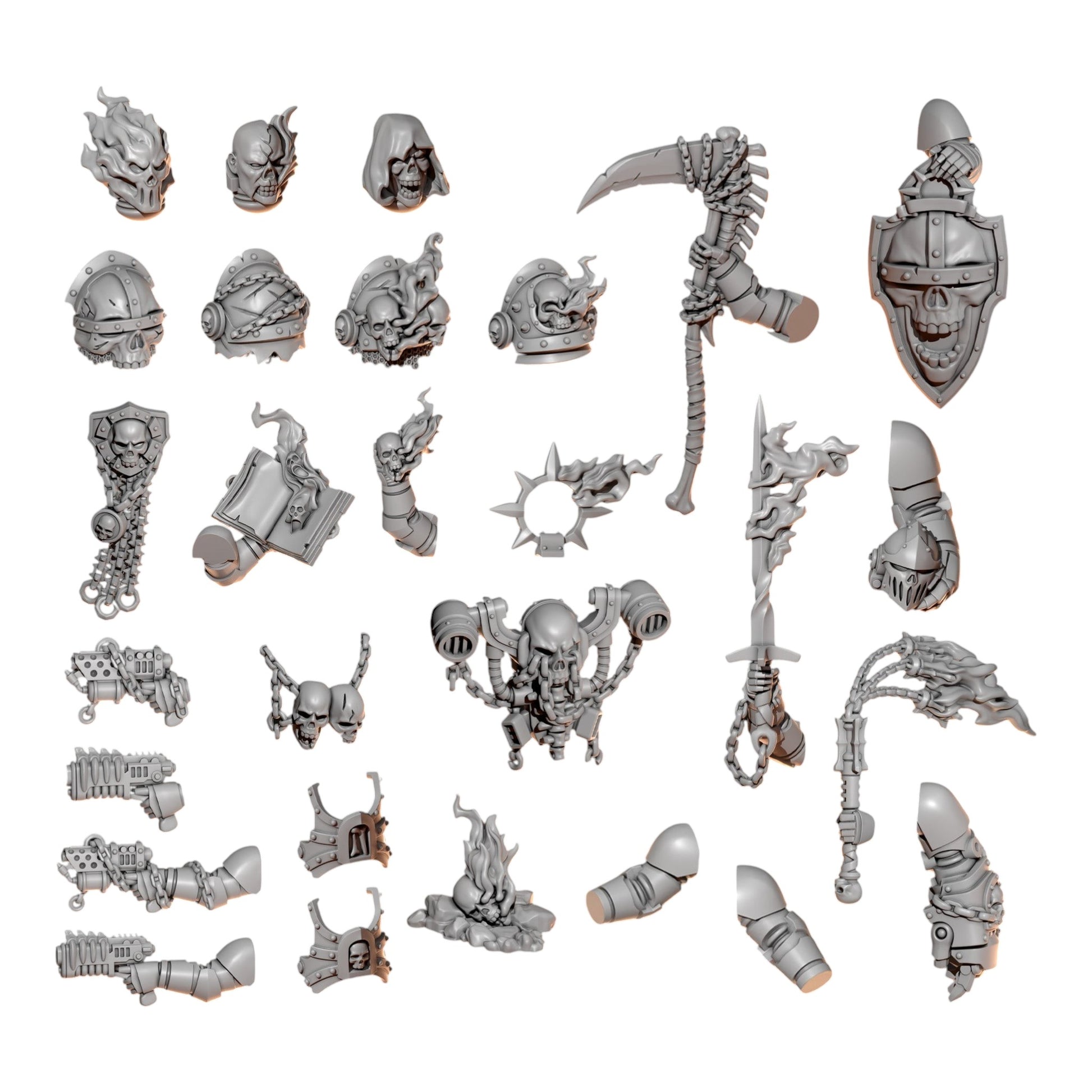 CT Miniatures UK Cursed Company Hero Pack resin conversion bits featuring spectral flame heads, pauldrons, and weapons.