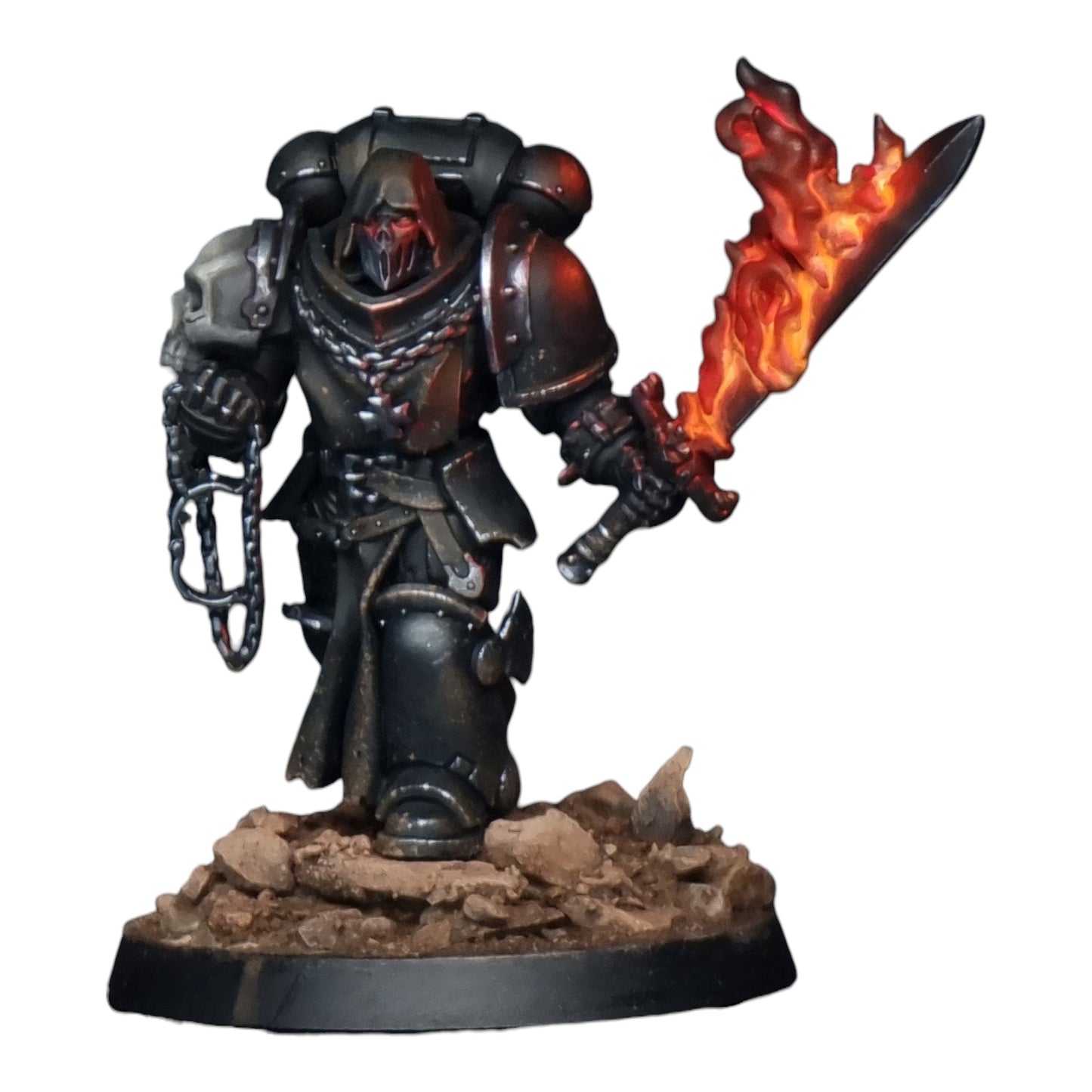 CT Miniatures UK Cursed Company hero miniature with spectral flame sword, skull pauldron, and chain accessories.