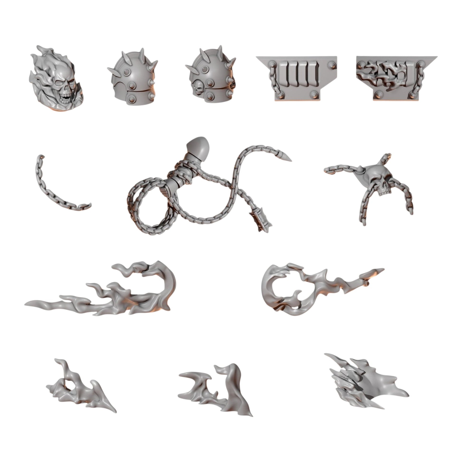CT Miniatures UK Cursed Company The Rider resin conversion bits including flame effects, skull pauldrons, and chain whip.