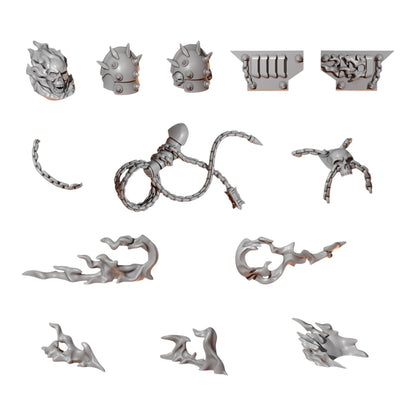 CT Miniatures UK Cursed Company The Rider resin conversion bits including flame effects, skull pauldrons, and chain whip.