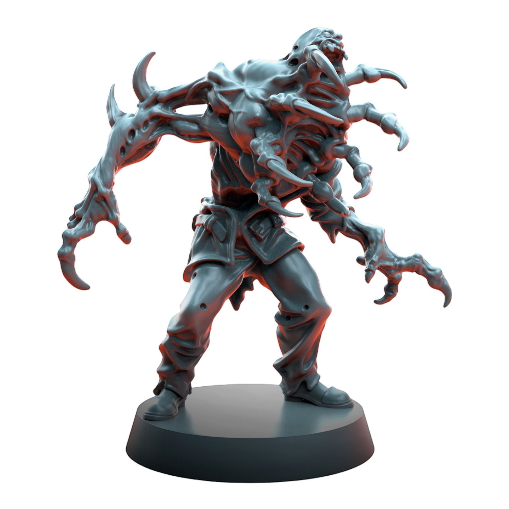 CT Miniatures UK Cursed Horror miniature, a grey resin tabletop model with mutated limbs and claws, standing on a black base.