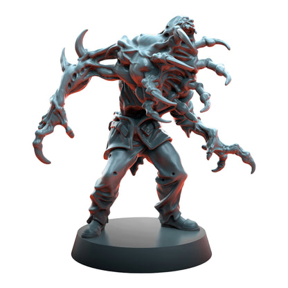 CT Miniatures UK Cursed Horror miniature, a grey resin tabletop model with mutated limbs and claws, standing on a black base.