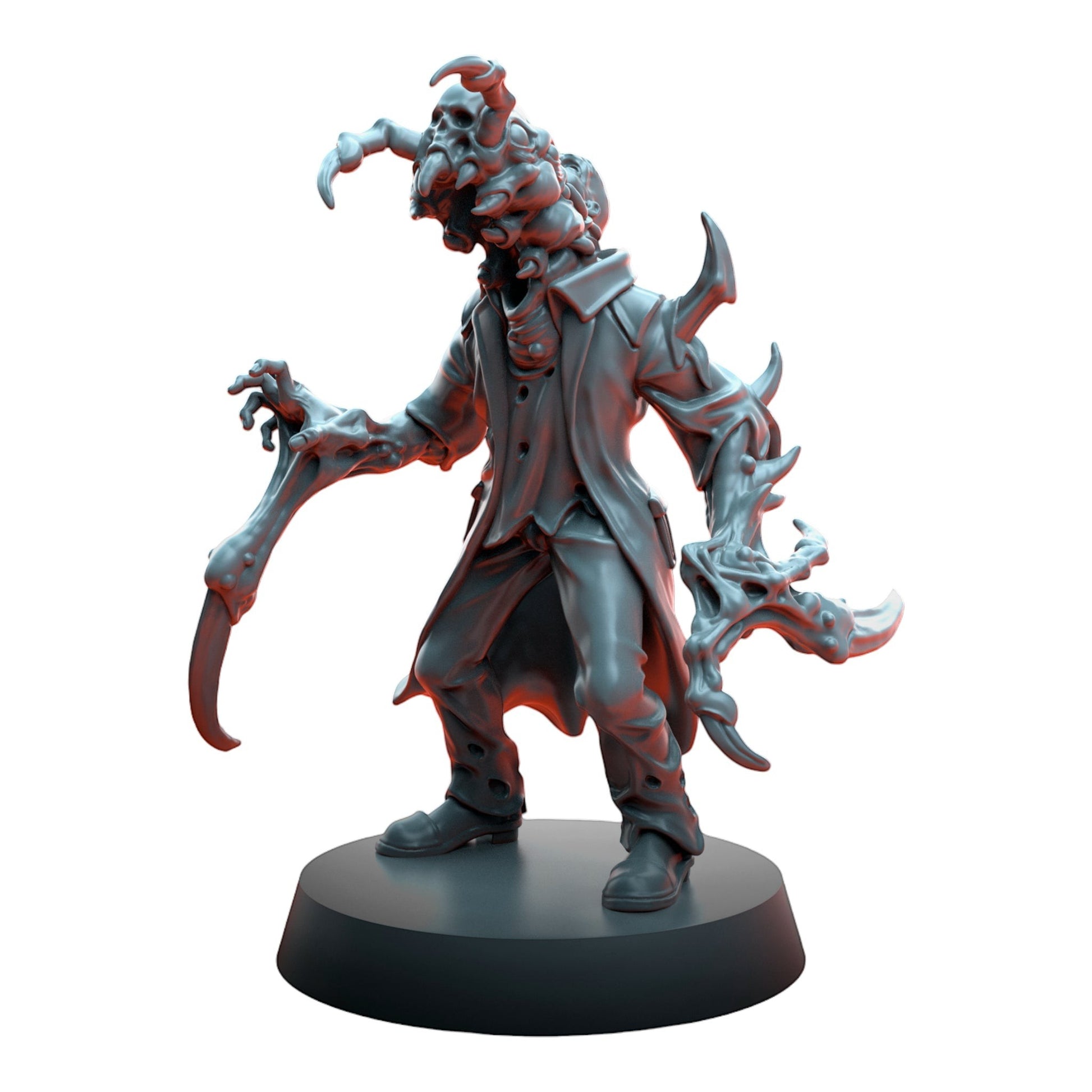CT Miniatures UK Cursed Horror miniature, a mutated figure with a trench coat, sharp claws, and a skull-like head.