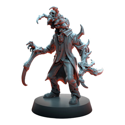 CT Miniatures UK Cursed Horror miniature, a mutated figure with a trench coat, sharp claws, and a skull-like head.