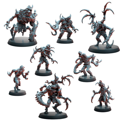 CT Miniatures UK set of 8 mutated horror miniatures, grey resin, for tabletop games.