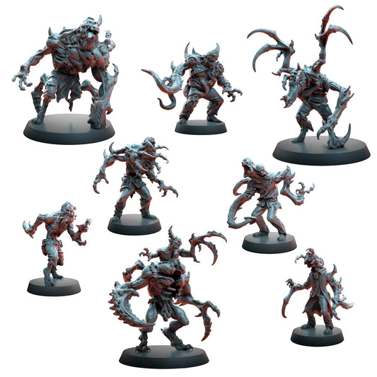 CT Miniatures UK set of 8 mutated horror miniatures, grey resin, for tabletop games.