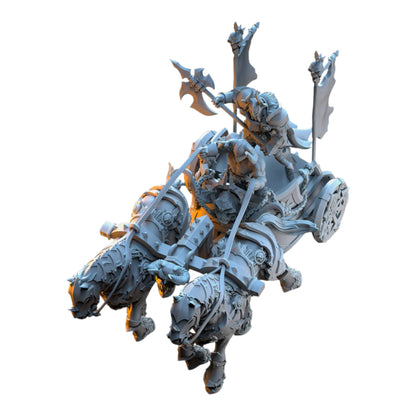 CT Miniatures UK Deathbringer Chariot 3D printed grey resin wargaming miniature with two horses and armored warriors