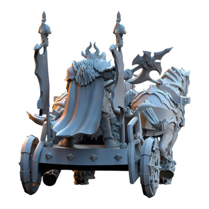 CT Miniatures UK Deathbringer Chariot 3D printed grey resin wargaming miniature with horned warrior and warhorse