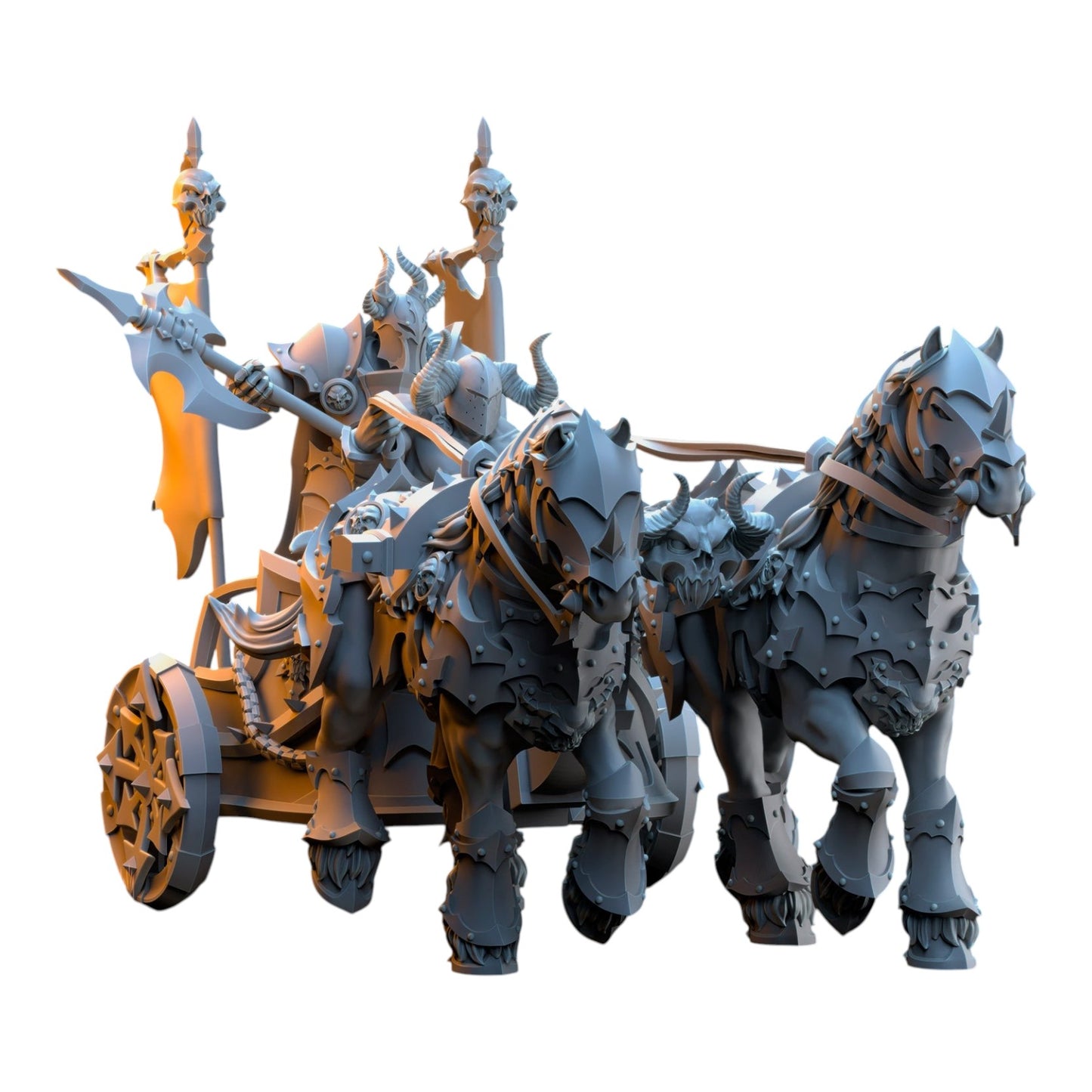 CT Miniatures UK Deathbringer Chariot 3D printed grey resin fantasy wargaming miniature with two armored horses