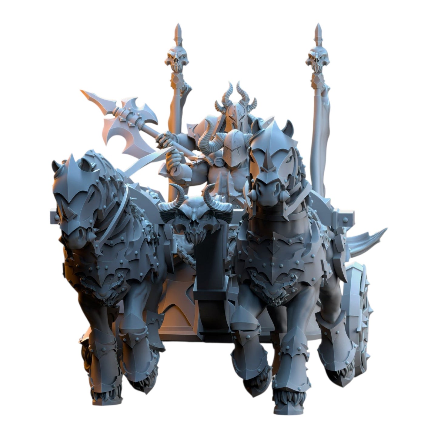 CT Miniatures UK 3D printed grey resin Deathbringer Chariot miniature with armored horses and a horned warrior