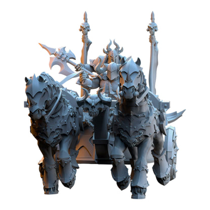 CT Miniatures UK 3D printed grey resin Deathbringer Chariot miniature with armored horses and a horned warrior