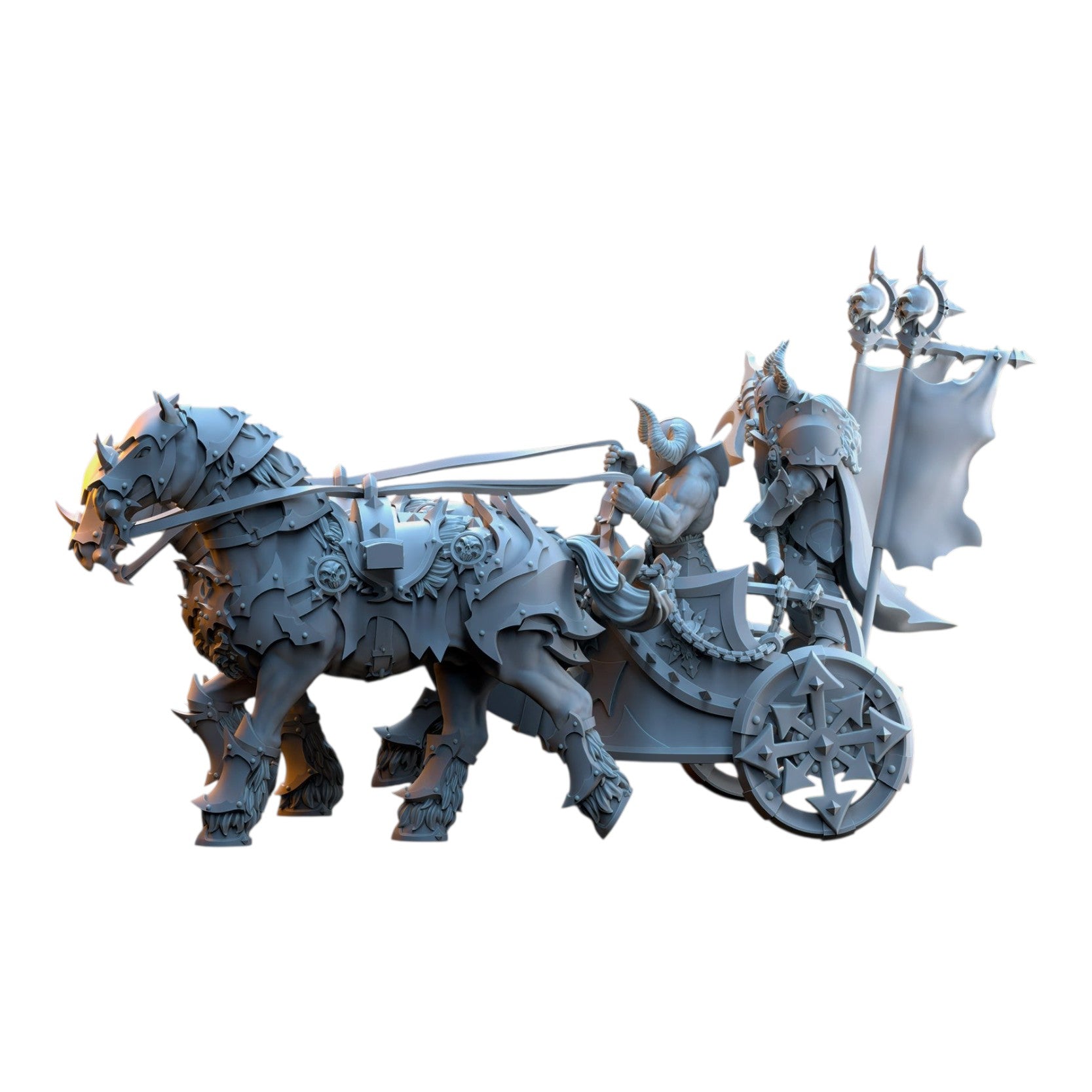 CT Miniatures UK Deathbringer Chariot 3D printed grey resin wargaming miniature with horned rider and armored horse