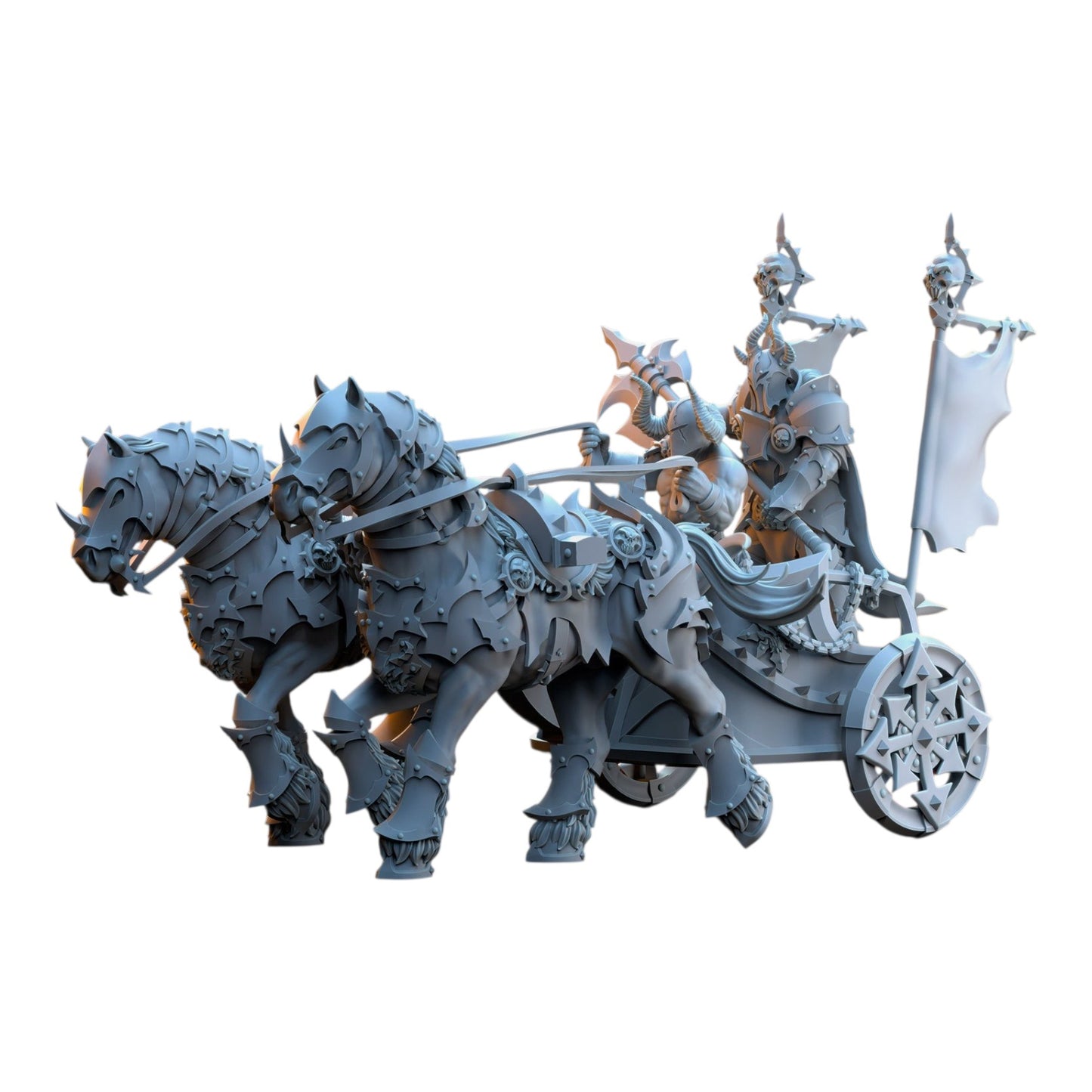 CT Miniatures UK Deathbringer Chariot 3D printed grey resin wargaming miniature with armored horses and warrior rider.