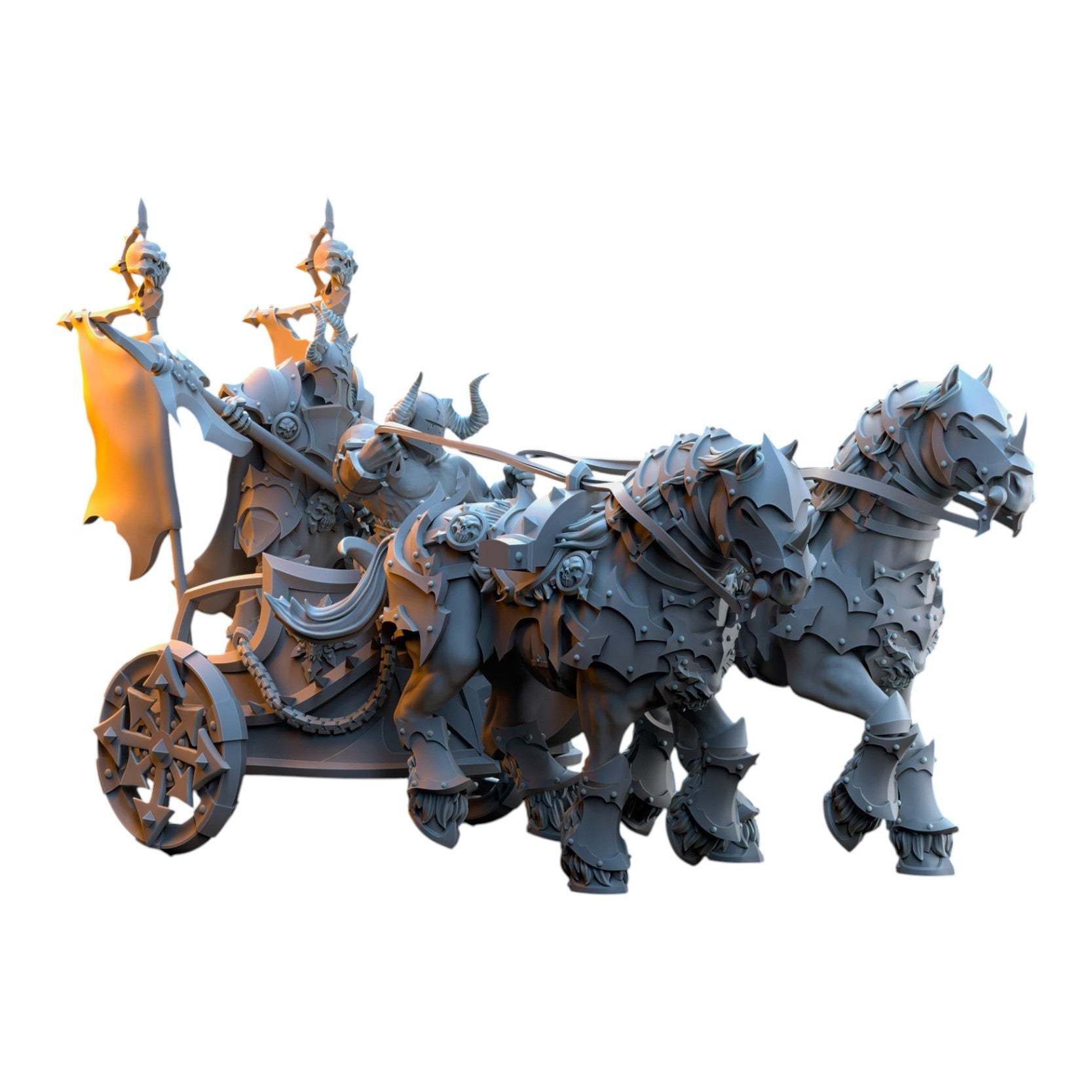 CT Miniatures UK Deathbringer Chariot 3D printed grey resin wargaming miniature with two armored horses and rider