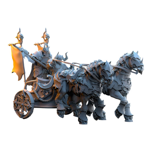 CT Miniatures UK Deathbringer Chariot 3D printed grey resin wargaming miniature with two armored horses and rider
