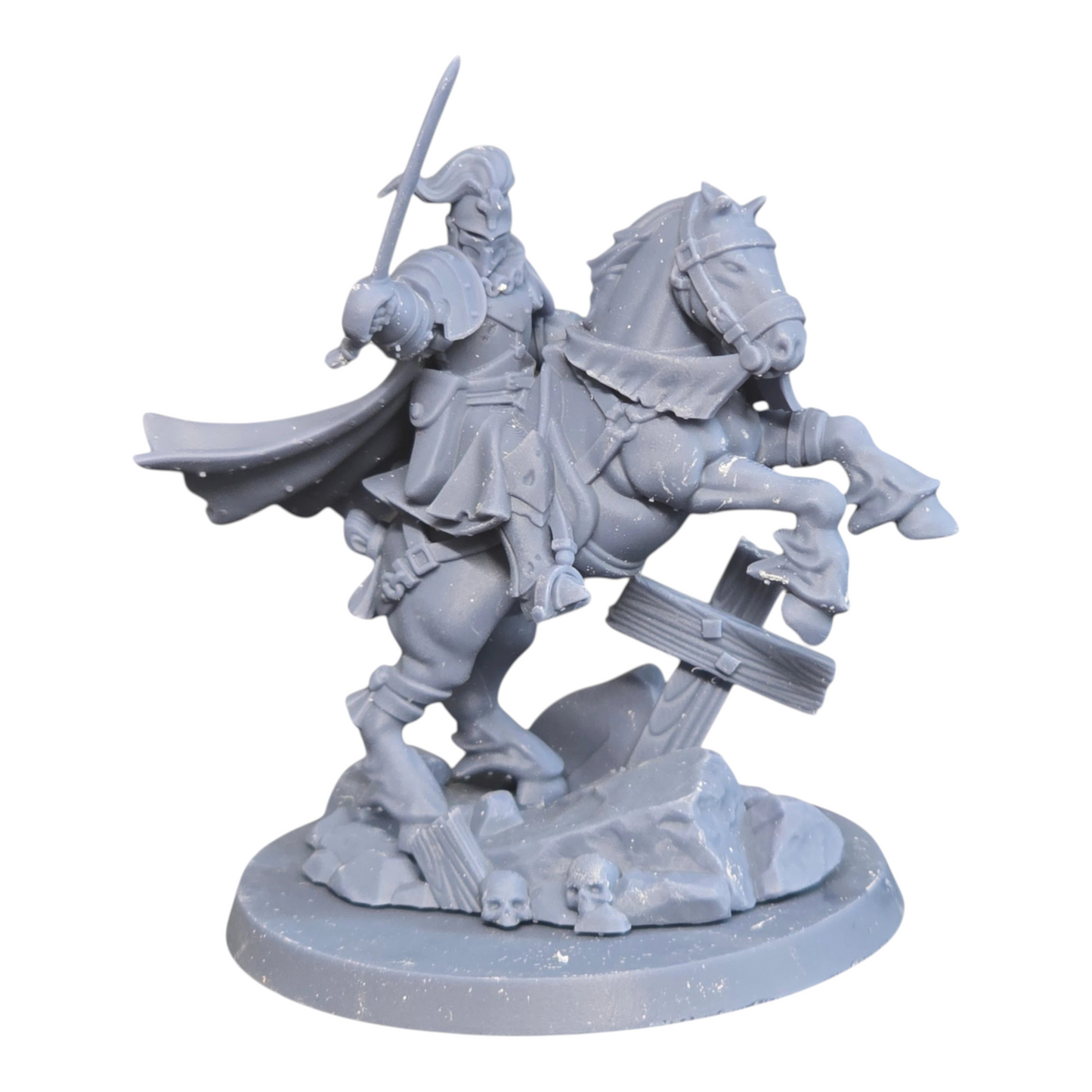 CT Miniatures UK Don Miguel de Espinosa Cortes miniature, a grey resin gravekeeper on horseback with sword raised, on a base with skulls and a wooden cross.