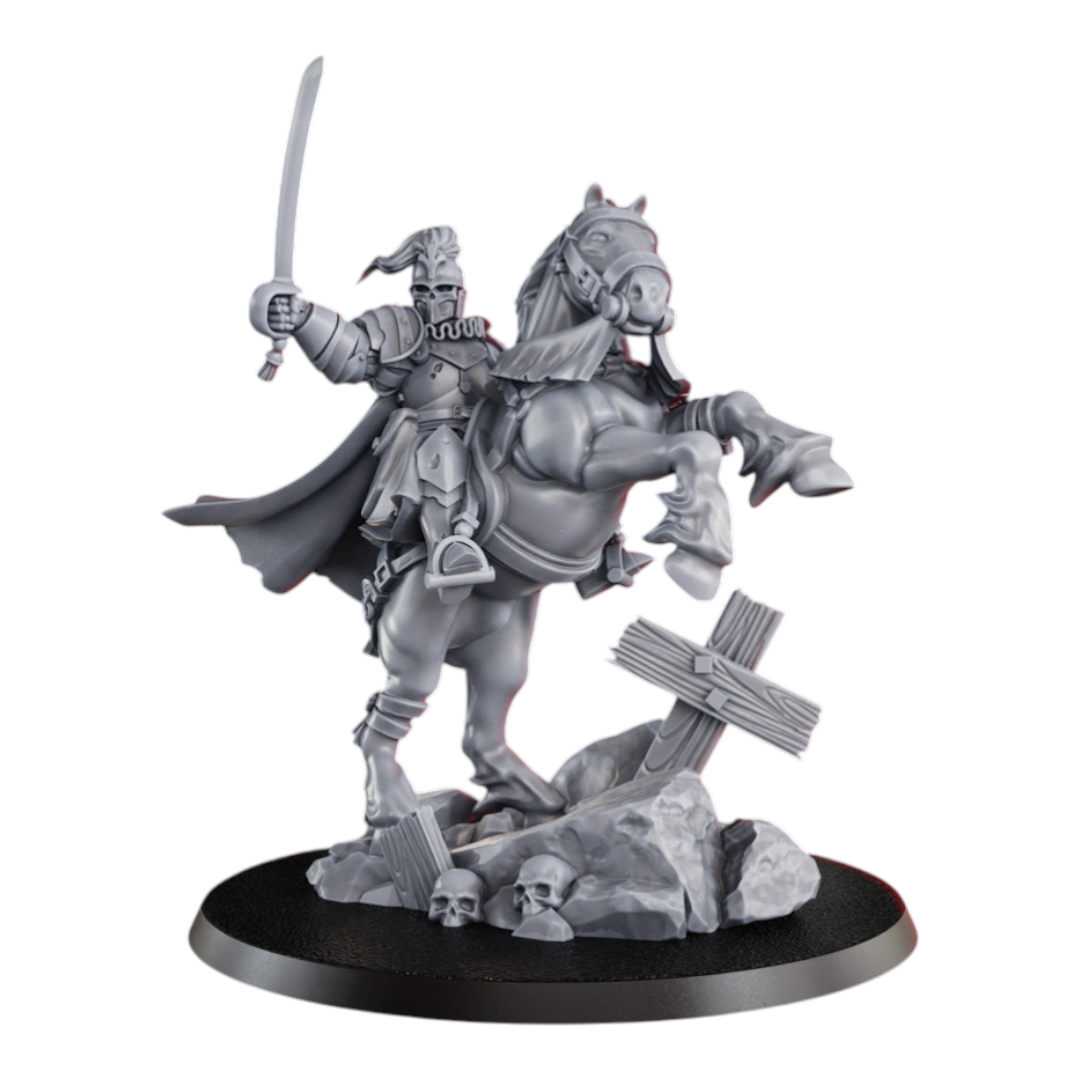 CT Miniatures UK Don Miguel de Espinosa Cortes miniature, a grey resin gravekeeper on horseback with sword raised, on a battlefield base with skulls and a cross.