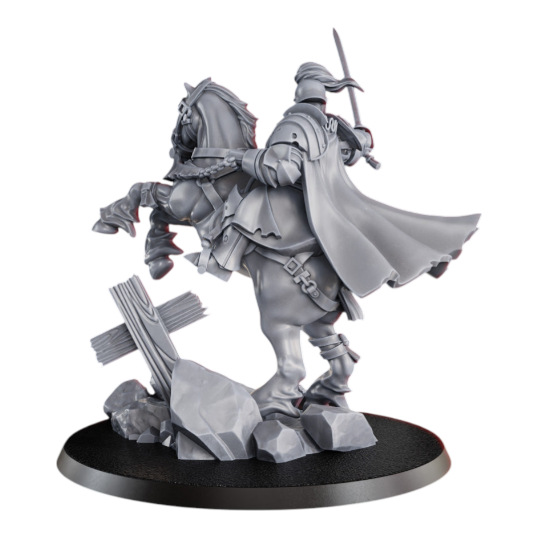 CT Miniatures UK Don Miguel de Espinosa Cortes Gravekeeper miniature on horseback, wearing armor and cape, holding a sword.