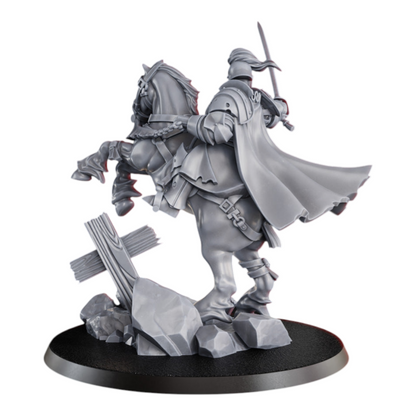 CT Miniatures UK Don Miguel de Espinosa Cortes Gravekeeper miniature on horseback, wearing armor and cape, holding a sword.