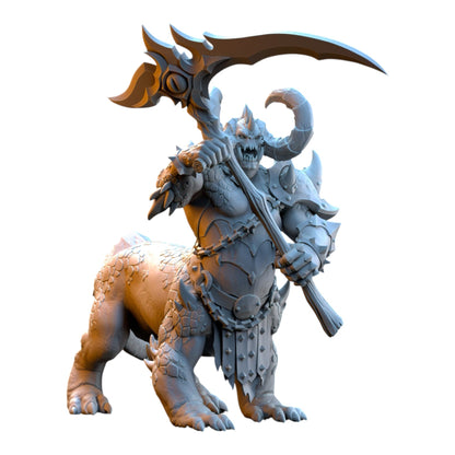 CT Miniatures UK grey resin Dragonard centaur warrior miniature holding a large two-handed scythe weapon