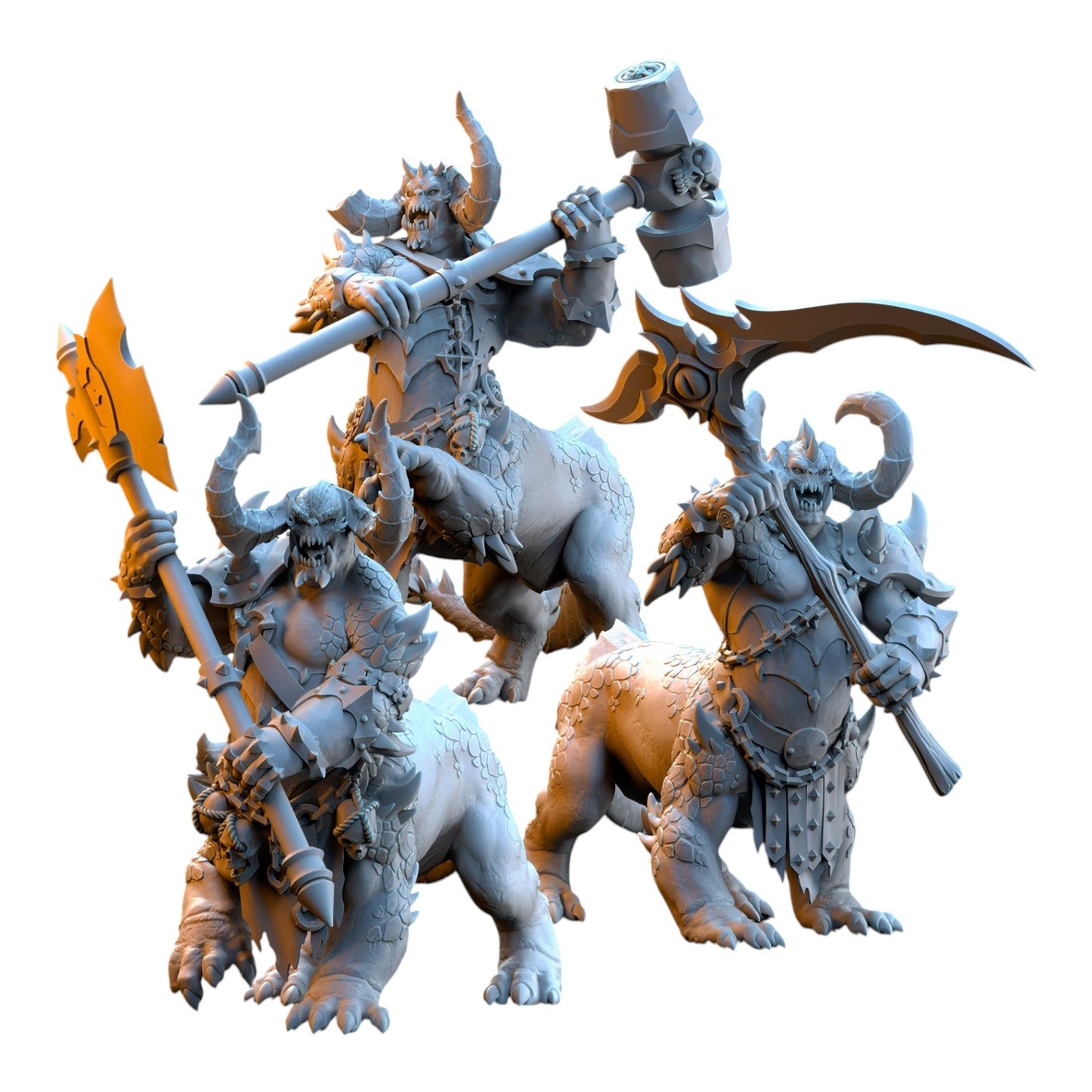 CT Miniatures UK set of three grey resin Dragonard centaur miniatures wielding large two-handed fantasy weapons.