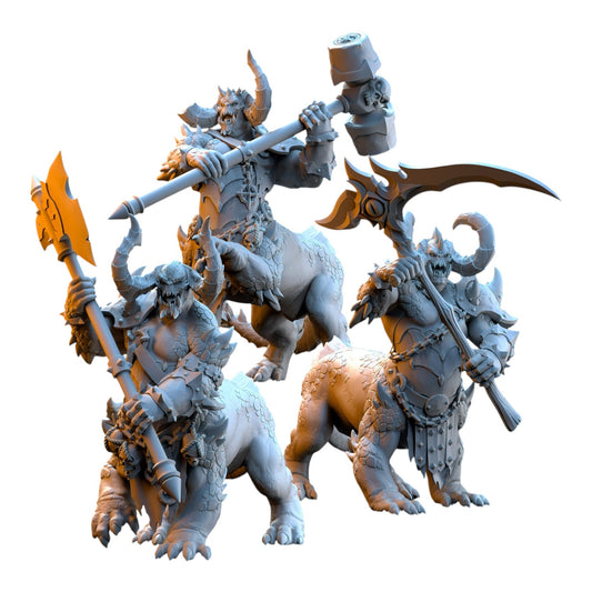 CT Miniatures UK set of three grey resin Dragonard centaur miniatures wielding large two-handed fantasy weapons.