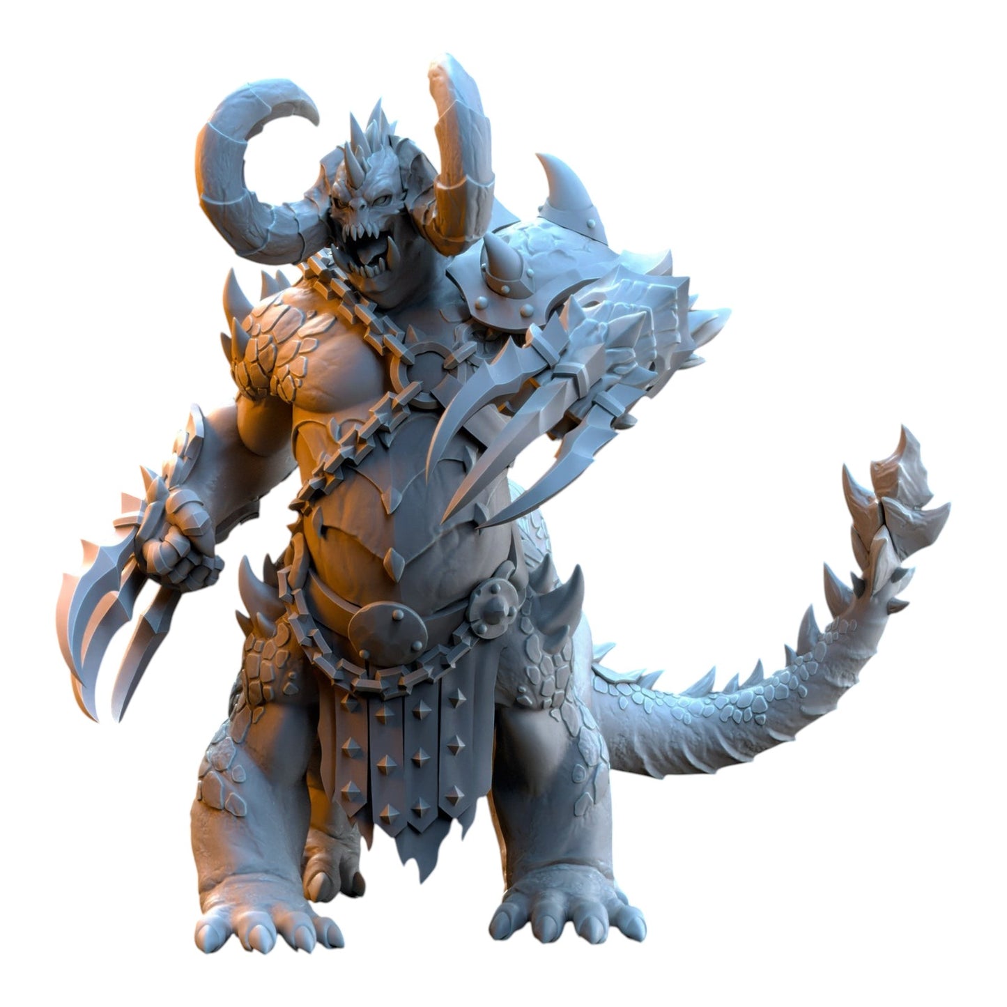 CT Miniatures UK 32mm Dragonard fantasy miniature with dual blades, horns, and scales in grey resin.
