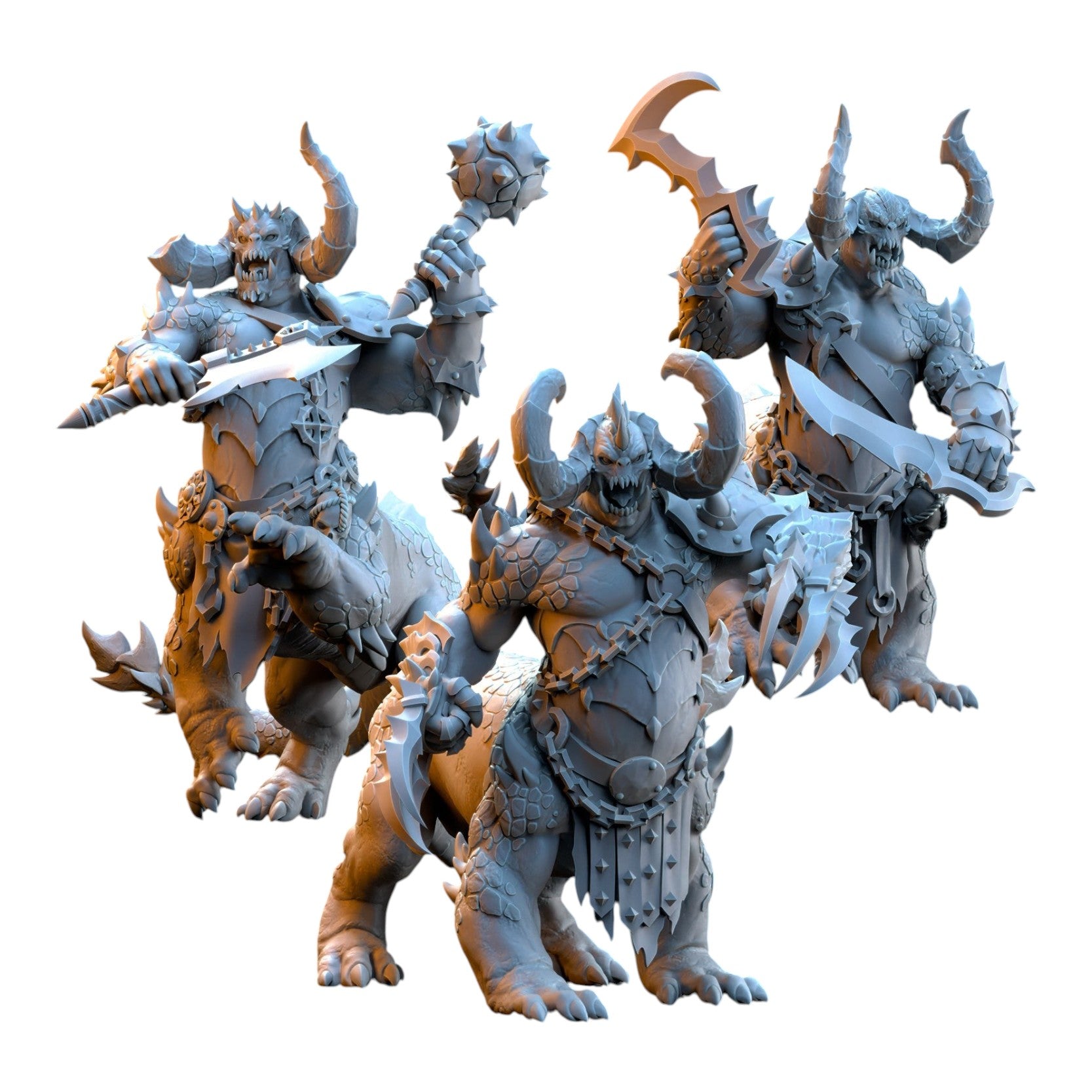 CT Miniatures UK set of three grey resin Dragonard fantasy wargaming miniatures with dual weapons and horned armor