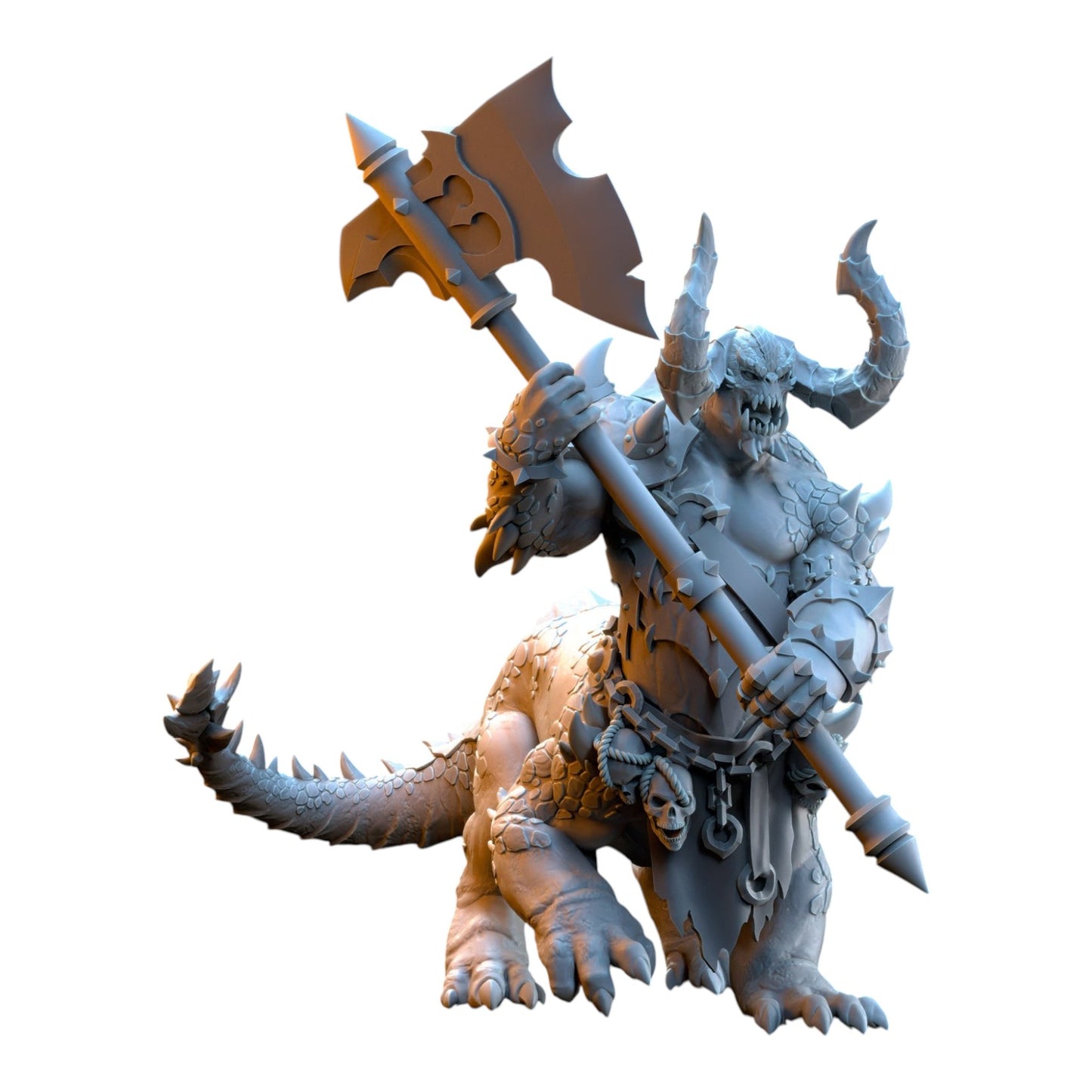 CT Miniatures UK grey resin Dragonard miniature with horns, scales, and a large two-handed battle axe for tabletop games
